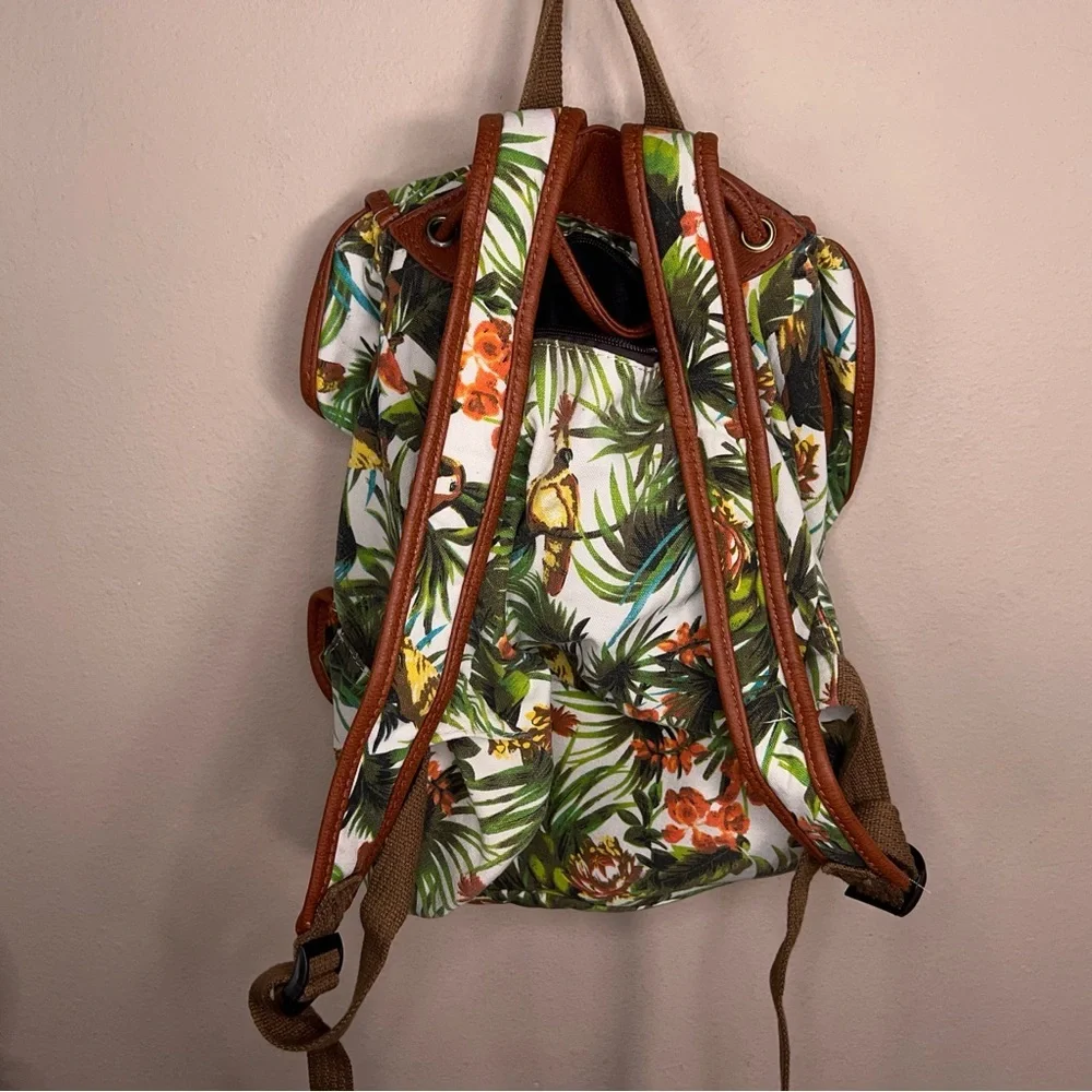 Tropical Backpack Colorful Green White Tan Brown Faux Leather Trim Travel School